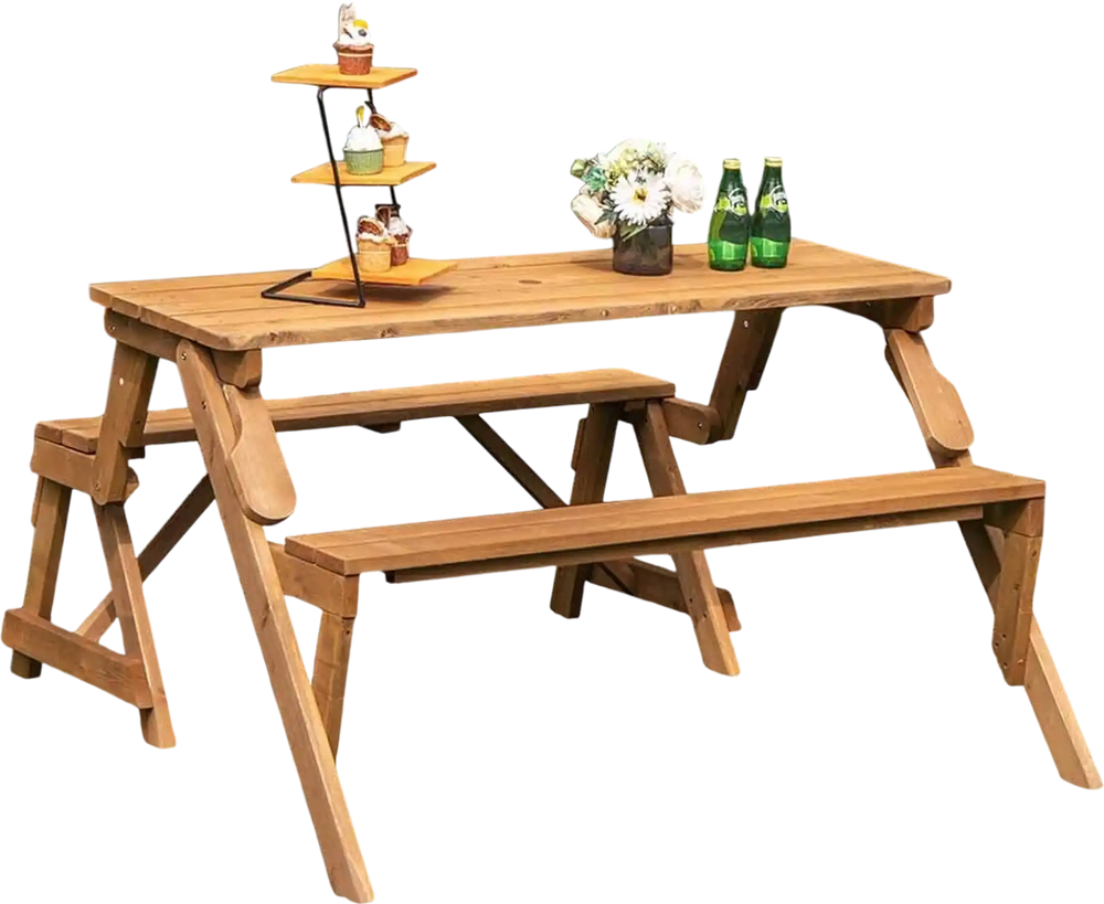 Transforming wooden picnic table bench in dark brown, accommodating 4 people, perfect for outdoor gatherings.