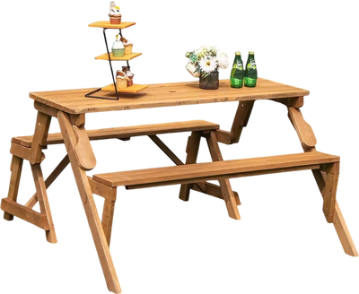 Costway 2-in-1 Wooden Picnic Table Bench w/ Umbrella Hole Dark Brown 83712695 New