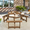 Round wooden picnic table with umbrella hole and three built-in benches, perfect for outdoor gatherings in dark brown.