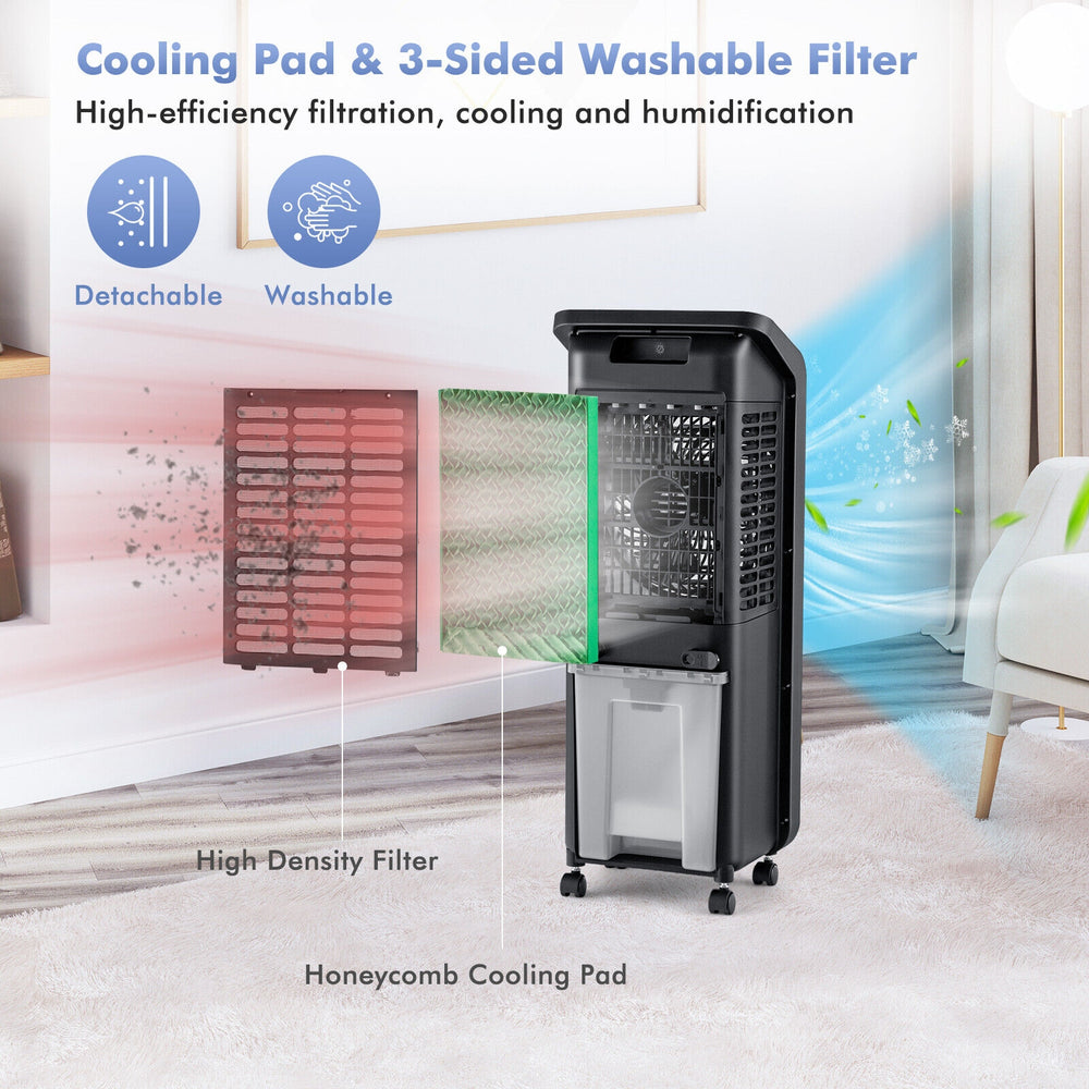 3-in-1 evaporative air cooler showcasing removable 3-sided honeycomb cooling pads and high-density filter for easy.