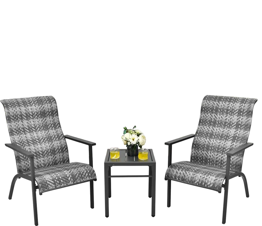Gray 3-piece patio rattan bistro set with high backrest and armrests, perfect for outdoor relaxation on the balcony.