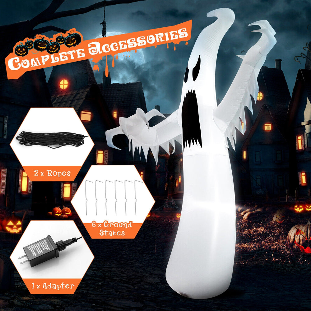 12 feet inflatable Halloween ghost with LED lights, durable polyester, perfect for outdoor spooky decorations.