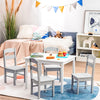 Kids 5-piece table and chair set in white, perfect for playrooms, featuring sturdy wooden construction and rounded.