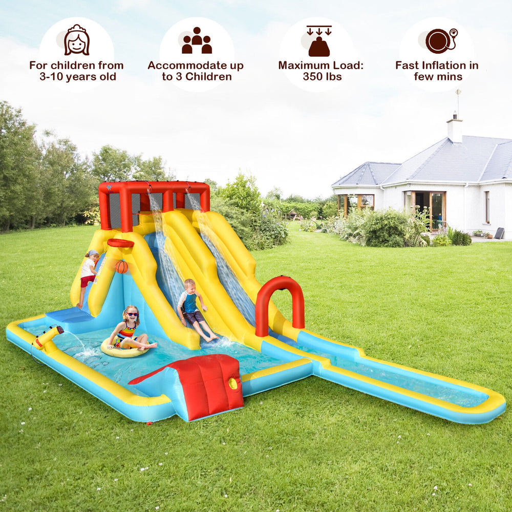 Inflatable Dual Slide Water Park with climbing wall, slides, and pool for kids, accommodates up to 3 children.