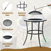 Round fire pit table with mesh cover and fire poker, featuring a durable steel frame for outdoor gatherings.