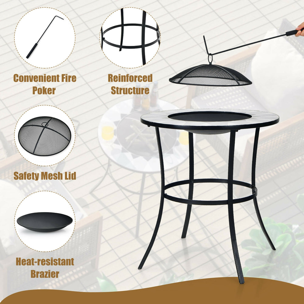 Round fire pit table with mesh cover and fire poker, featuring a durable steel frame for outdoor gatherings.