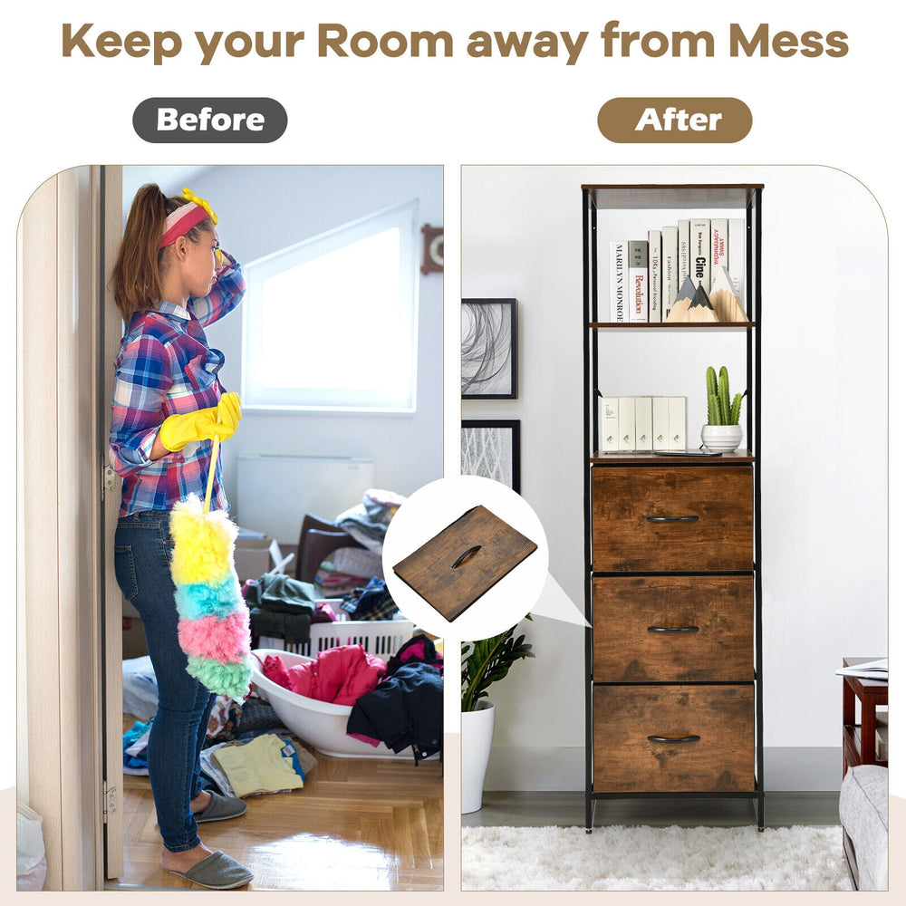 Freestanding vertical 3-drawer dresser in rustic brown with 3 shelves for stylish storage in living room or bedroom.