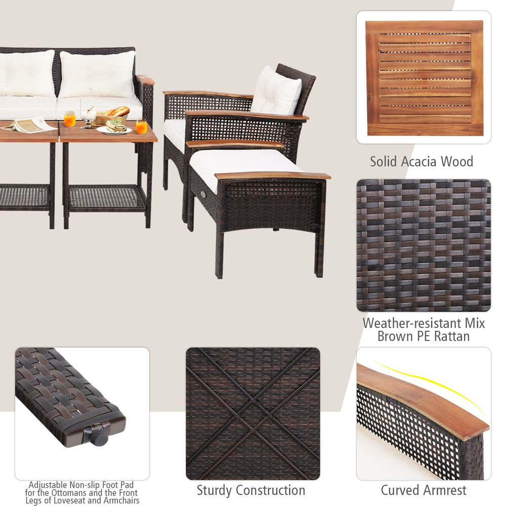 Side view of the 7-piece patio rattan furniture set featuring weather-resistant brown PE rattan and solid acacia wood.