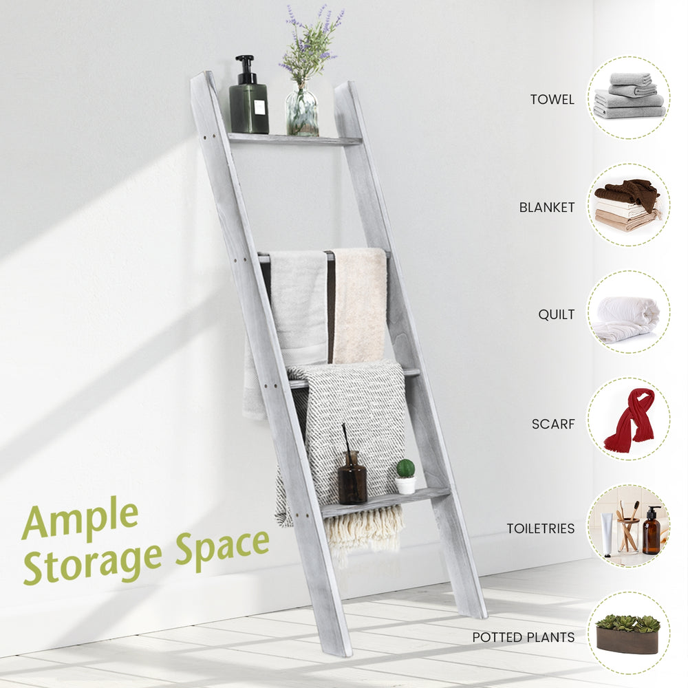 4-tier gray pine wood ladder shelf with non-slip surfaces, ideal for storing blankets, towels, and toiletries.