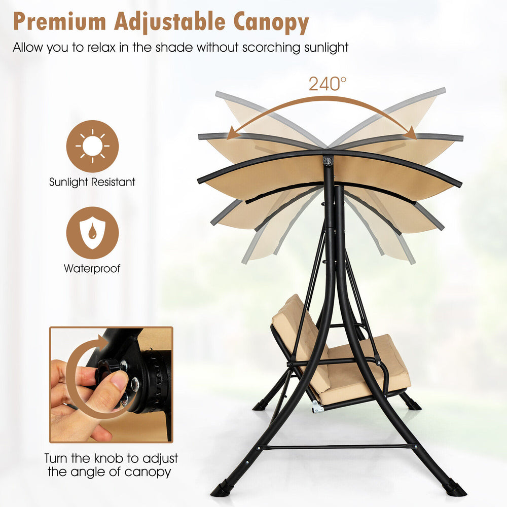 Adjustable canopy of the 3-seat outdoor porch swing in beige, providing shade and comfort for outdoor relaxation.
