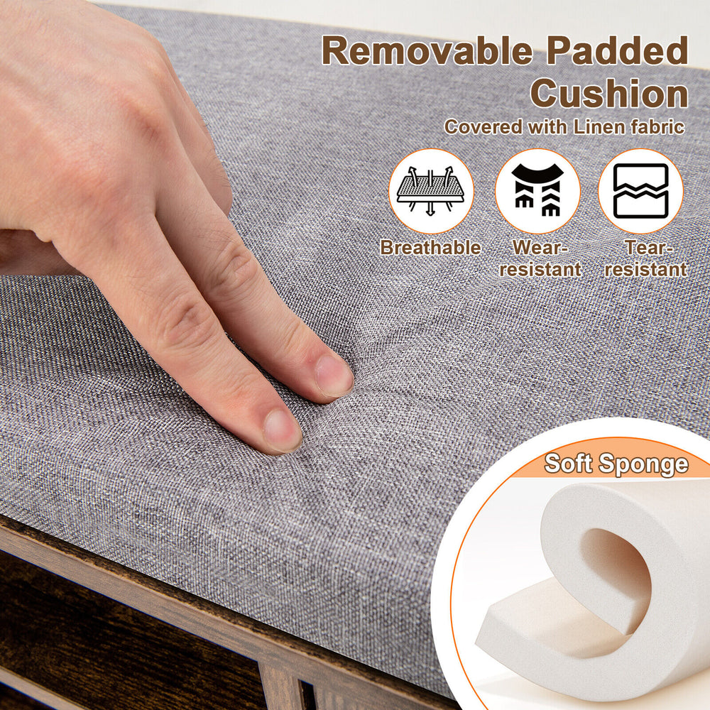 Removable padded cushion with linen fabric on the 9-cube adjustable storage shoe bench for comfort and style.