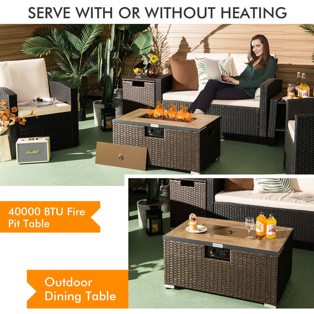 Brown 32 x 20 inch propane rattan fire pit table set with side table, perfect for outdoor dining and warmth.