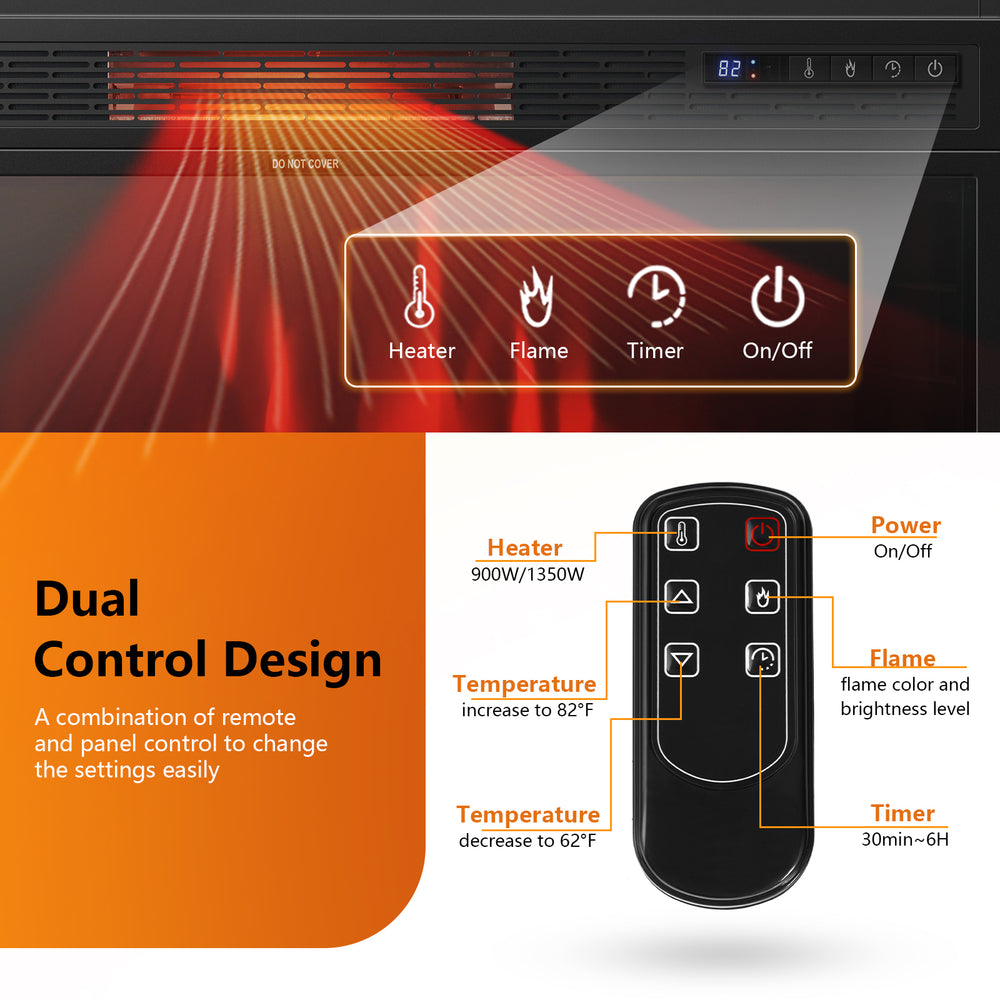 Electric fireplace remote control with timer settings, featuring 900W/1350W heat options and realistic flame effects.