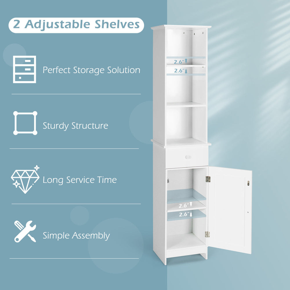 Tall white freestanding storage cabinet with 2 adjustable shelves and drawer, ideal for bathroom organization and.