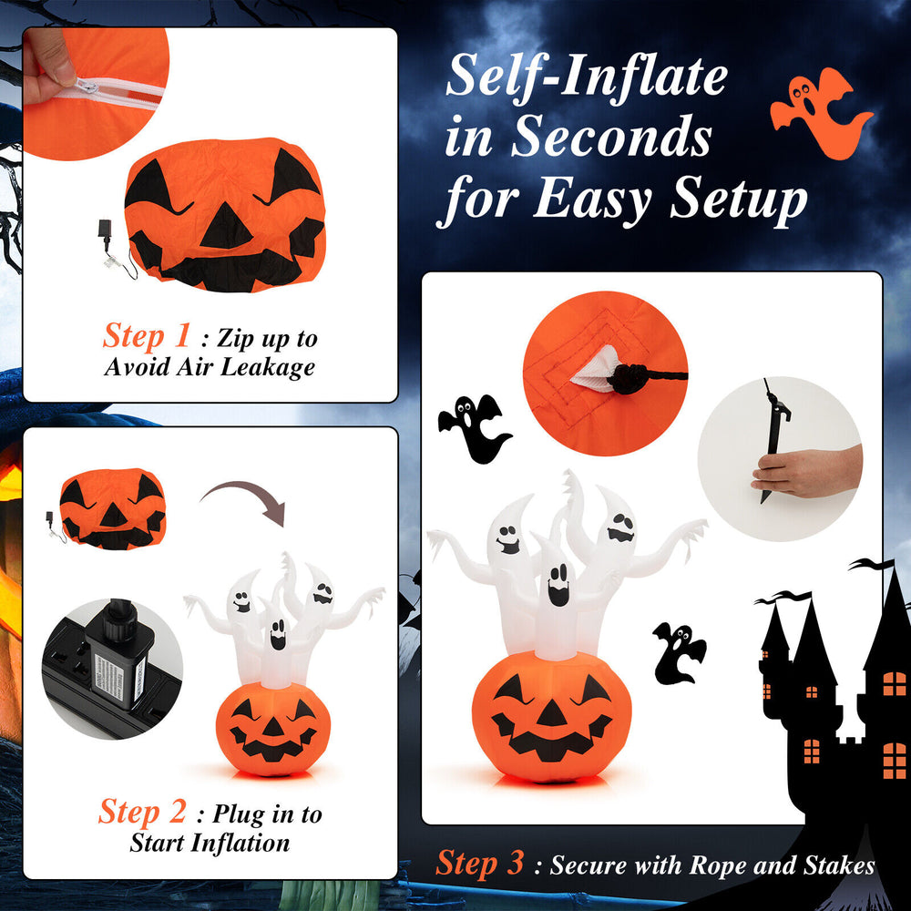 6 feet inflatable Halloween ghosts with pumpkin decor, featuring a powerful blower for quick setup and waterproof.