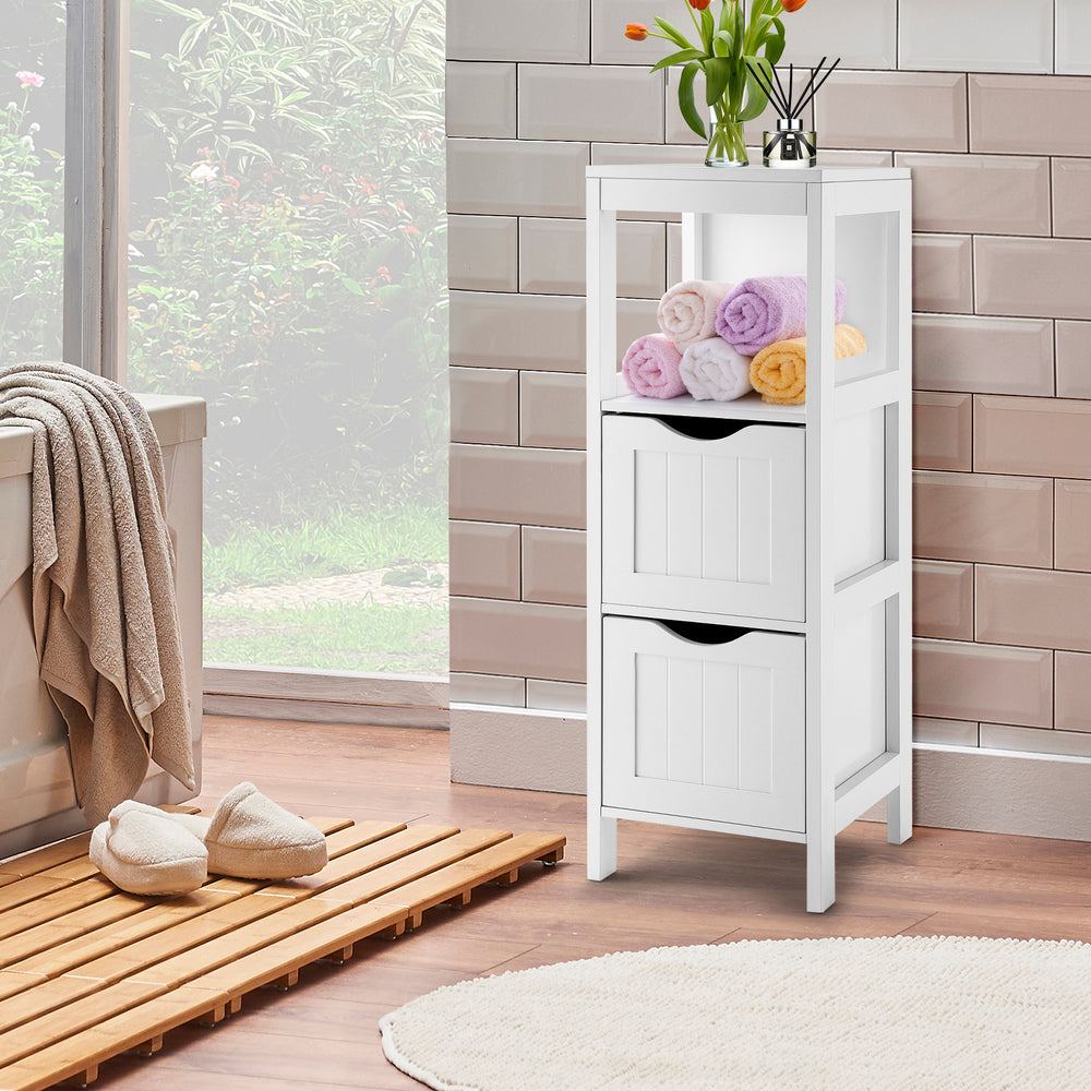 Freestanding white storage cabinet with a sleek design, featuring two removable drawers and an open shelf for versatile.