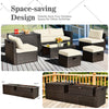 8-piece patio rattan furniture set with storage box, tempered glass table, and soft cushions for outdoor comfort.
