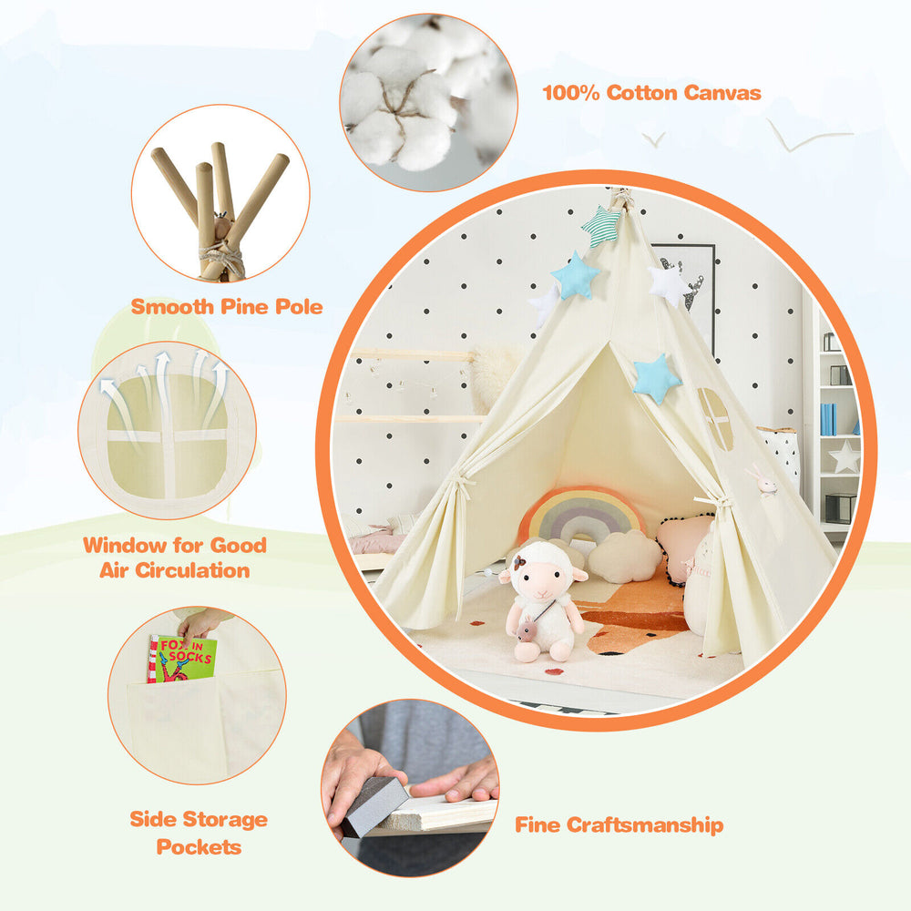 Foldable kids canvas teepee play tent with sturdy pine poles, side storage pockets, and built-in window for ventilation.