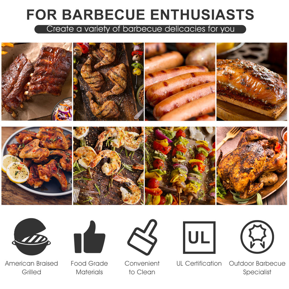 Outdoor electric BBQ grill with removable stand, 240 sq in circular grill plate, and adjustable temperature settings.