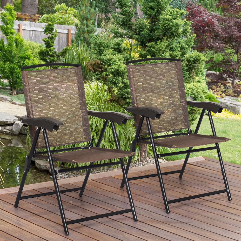 Folding dining chairs with breathable fabric and adjustable backrest, perfect for outdoor relaxation and gatherings.