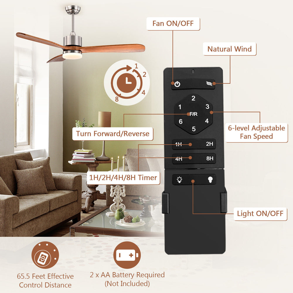 52-inch reversible ceiling fan with LED light, remote control, and 6-speed settings for year-round comfort.