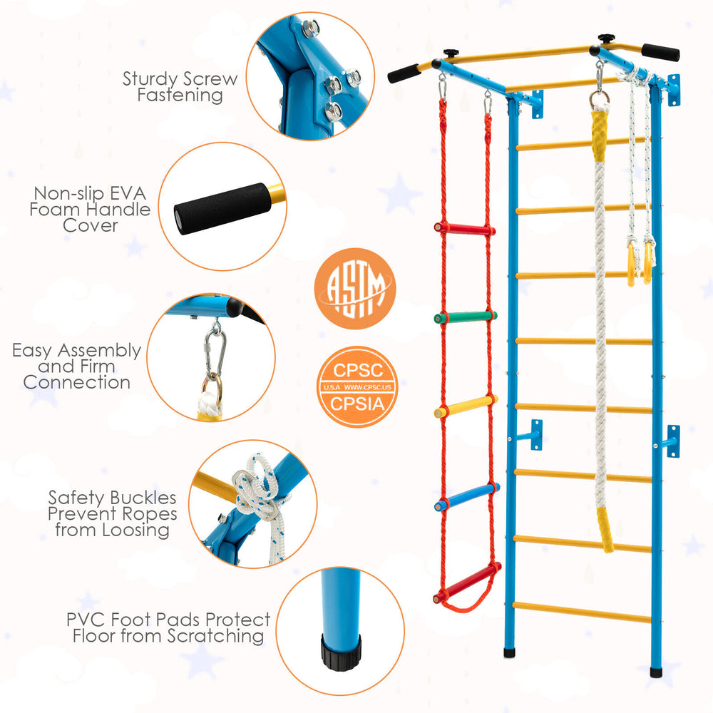 Kids indoor gym playground featuring a wall ladder, pull-up bar, and gymnastic rings, made of rust-resistant carbon.
