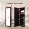 Lockable wall-mounted jewelry cabinet in brown with full-size mirror, LED lights, and multiple storage options for.