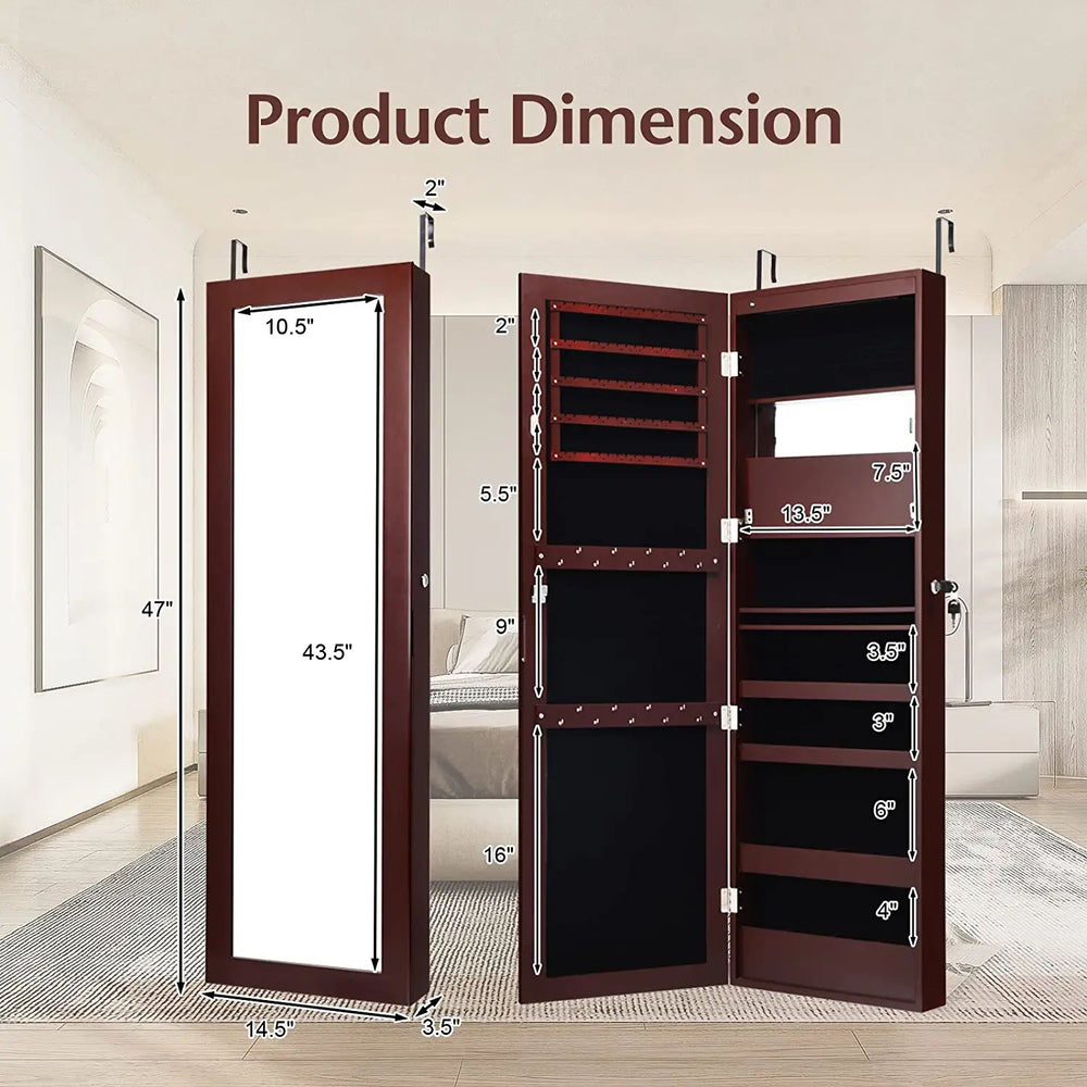 Lockable wall-mounted jewelry cabinet in brown with full-size mirror, LED lights, and multiple storage options for.