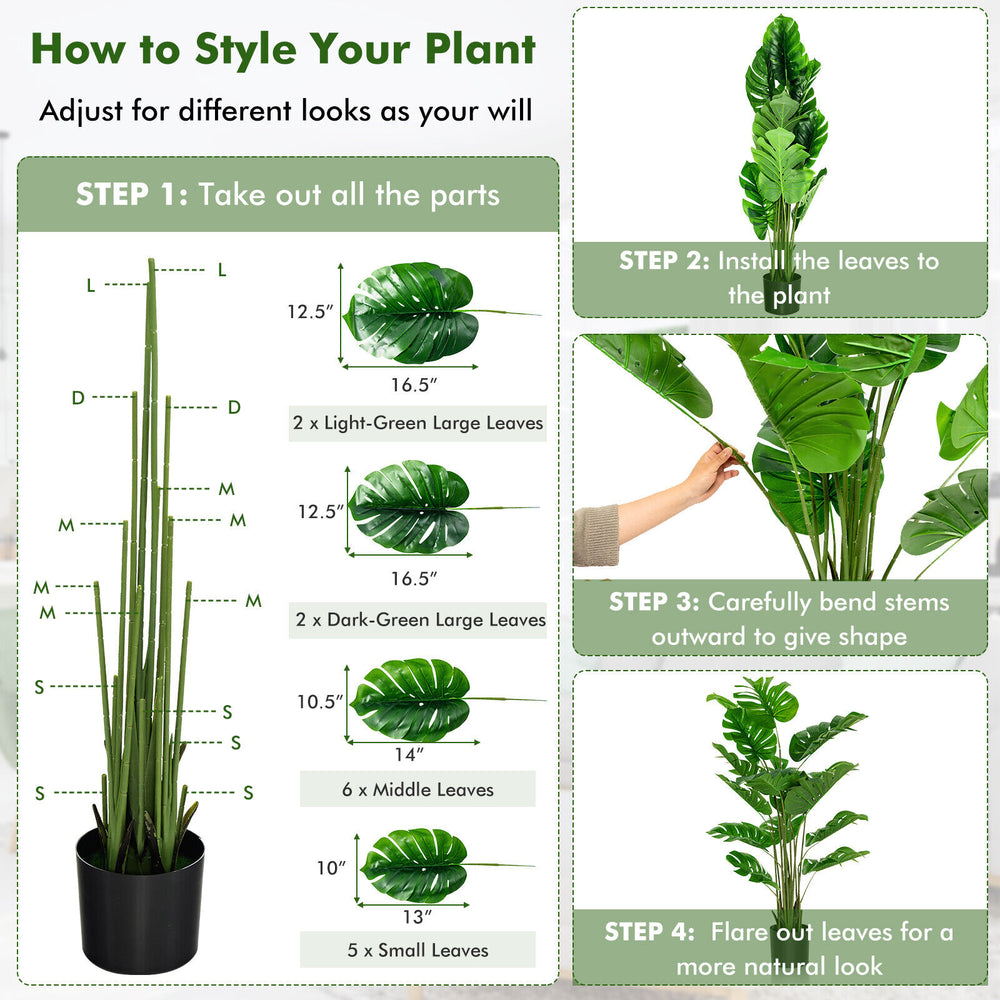 5 feet artificial monstera tree set with 15 large leaves, made of durable PEVA, ideal for indoor or outdoor decoration.