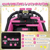 Control panel of the 12V kids ride-on electric Formula racing car in pink, featuring music, lights, and speed settings.