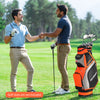 10.5-inch orange golf stand bag with 14 dividers and 7 zippered pockets, ideal for organized club storage on the course.