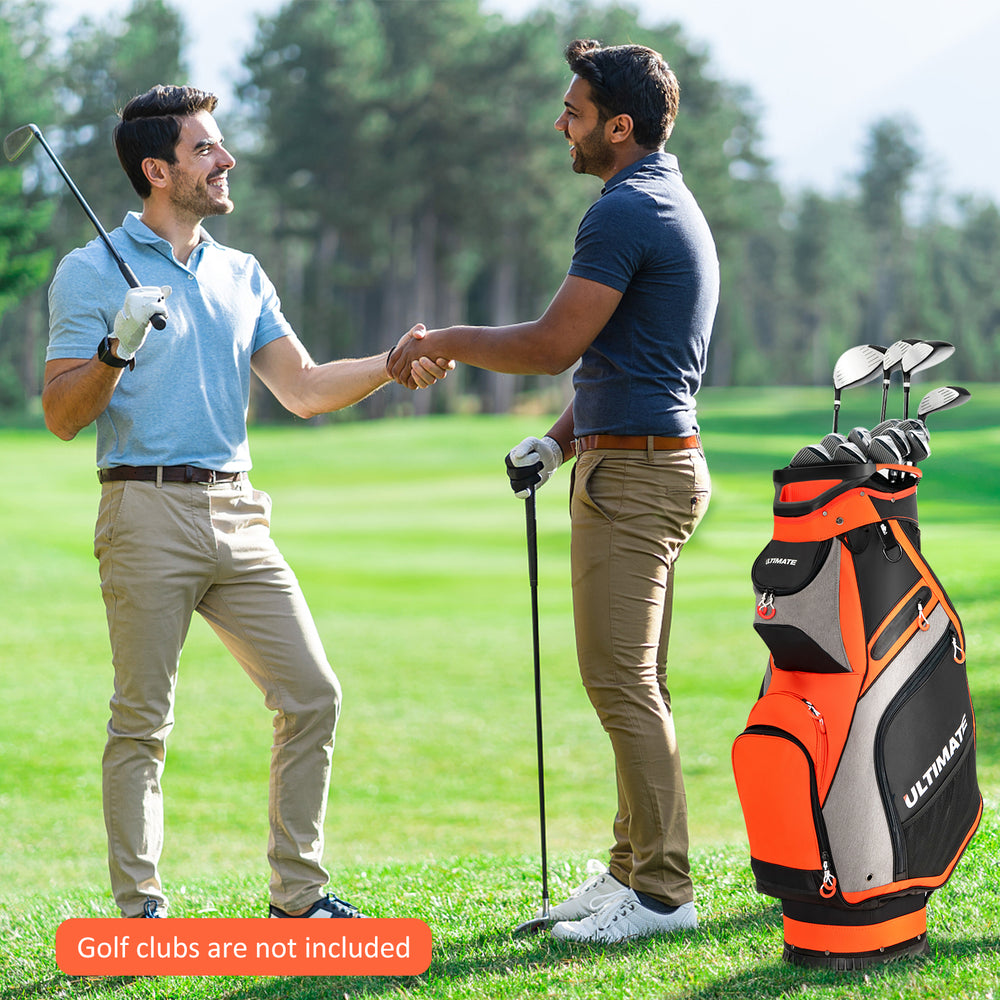 10.5-inch orange golf stand bag with 14 dividers and 7 zippered pockets, ideal for organized club storage on the course.