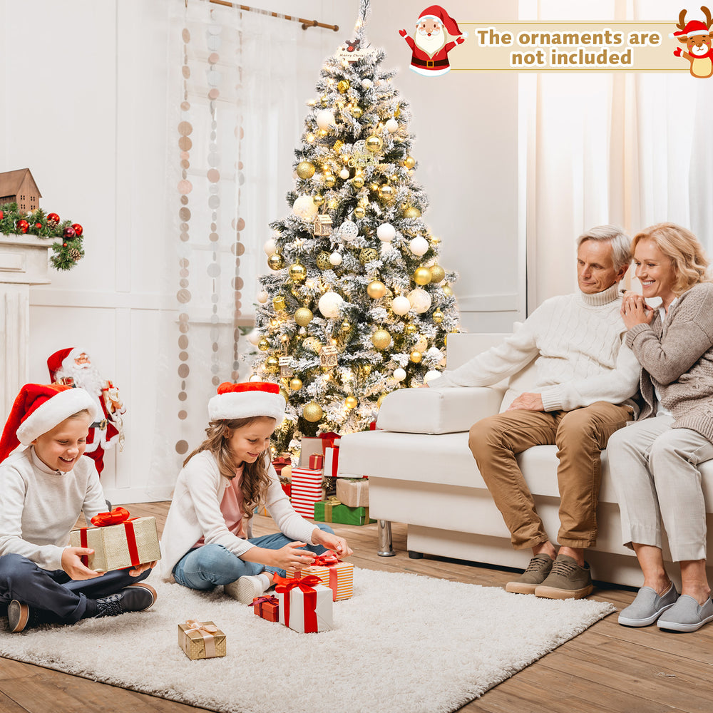 6 ft pre-lit snow-flocked artificial Christmas tree with LED lights, perfect for festive home decoration.