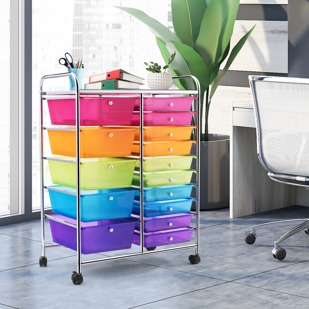 15-drawer rolling storage cart organizer with colorful plastic drawers and a durable metal frame, ideal for home or.