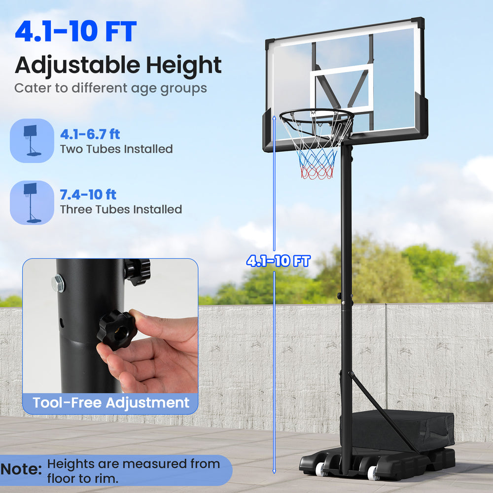 Adjustable portable basketball hoop with a height of 4.1-10 ft, suitable for kids and adults, ideal for outdoor use.
