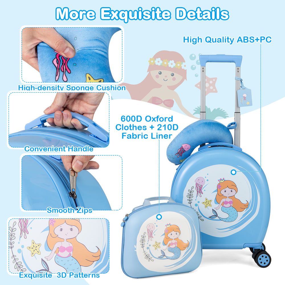 Kids 14-inch blue hardside spinner luggage set with a cozy neck pillow, smooth zippers, and adjustable handle for.