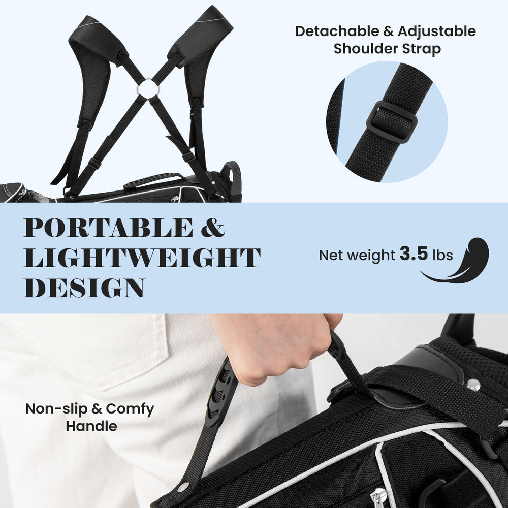 Golf stand cart bag in black with adjustable straps and ergonomic handle, designed for comfort and secure storage.