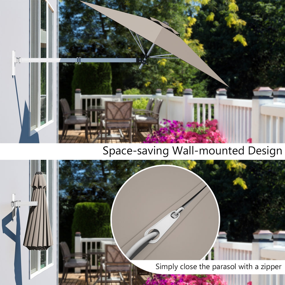 Wall-mounted 8ft telescopic folding umbrella in tan with adjustable angle, ideal for space-saving outdoor shading.