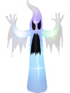 7.7 ft tall Halloween inflatable ghost decoration with LED lights, waterproof fabric, and included sandbags for stability.