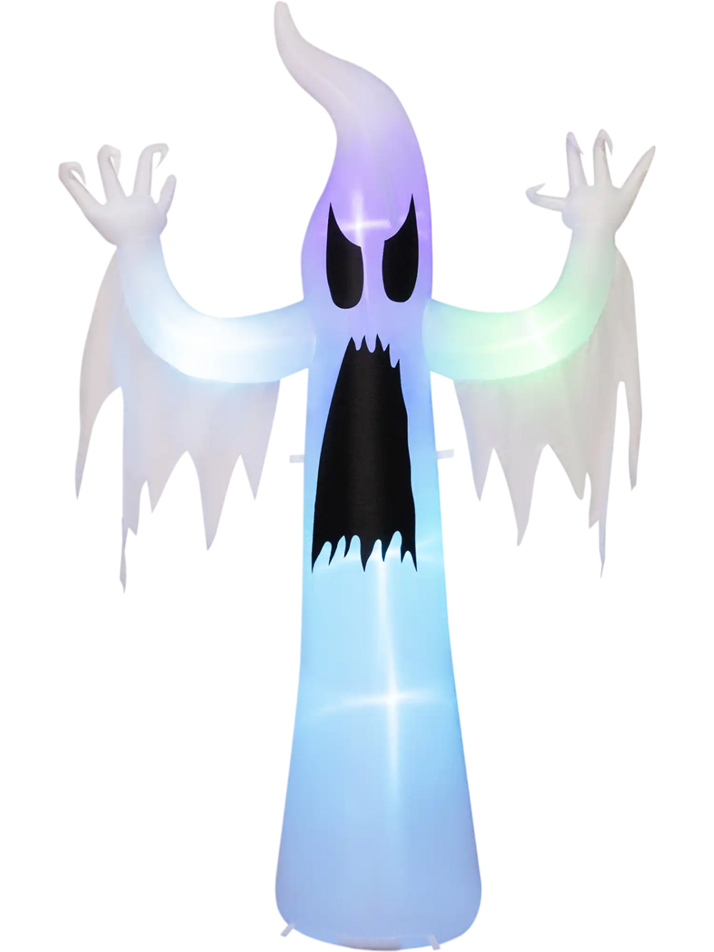 7.7 ft tall Halloween inflatable ghost decoration with LED lights, waterproof fabric, and included sandbags for stability.