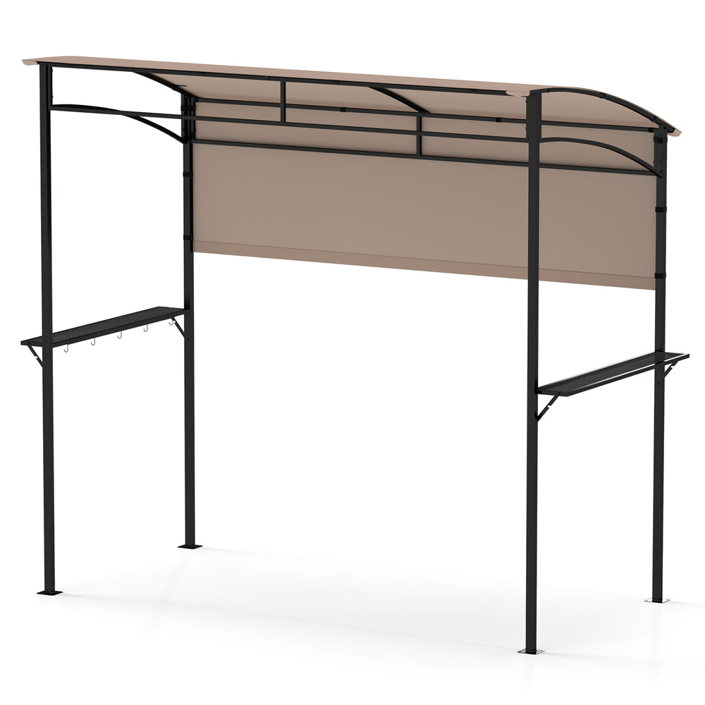 Outdoor patio BBQ canopy featuring an arched roof, additional sidewall, and two metal shelves for efficient cooking.