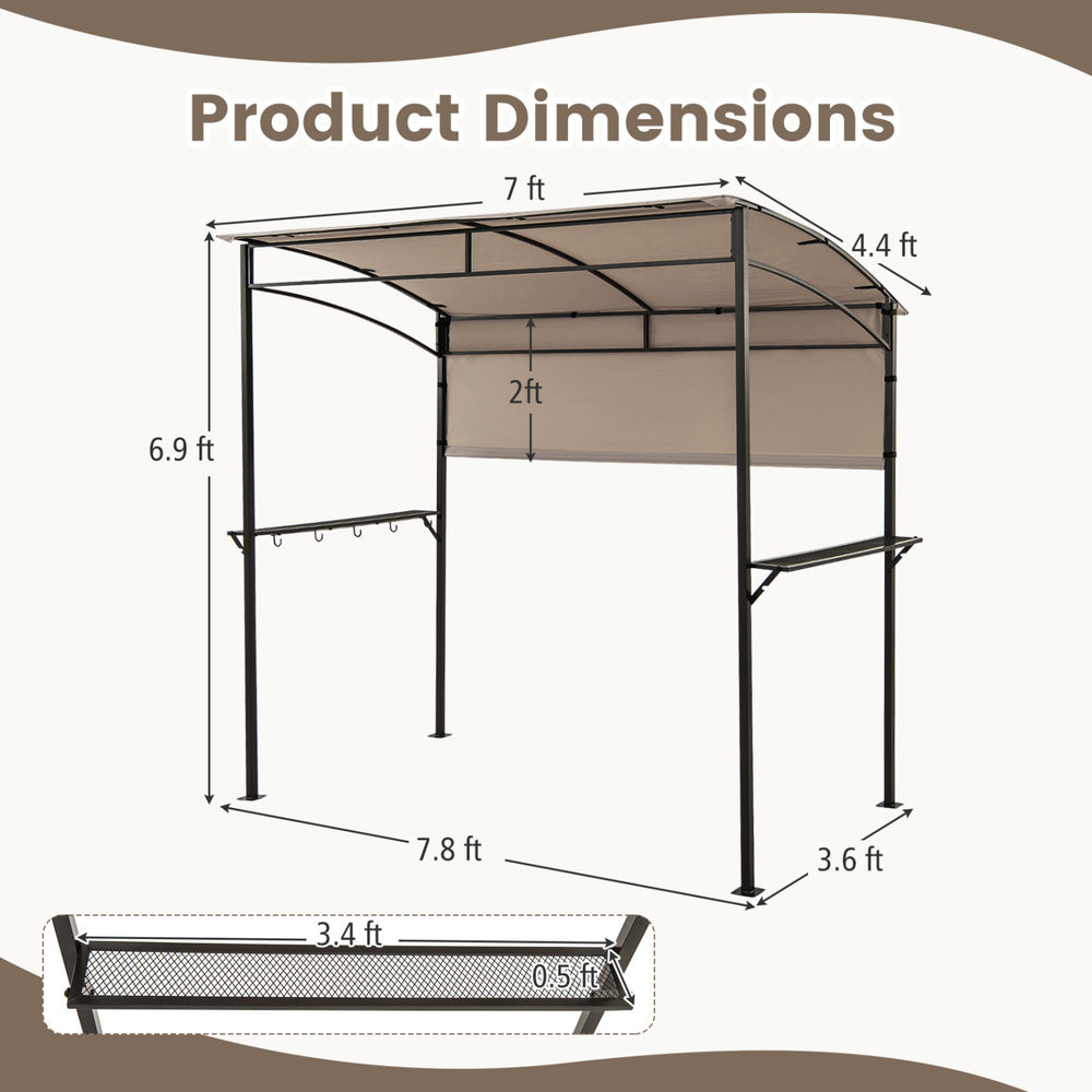 Outdoor patio BBQ canopy measuring 7.8 x 4.4 FT with metal shelves and bottle openers for convenient cooking.