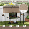 Outdoor patio BBQ canopy with brown polyester fabric, metal shelves, and built-in bottle openers for convenient cooking.