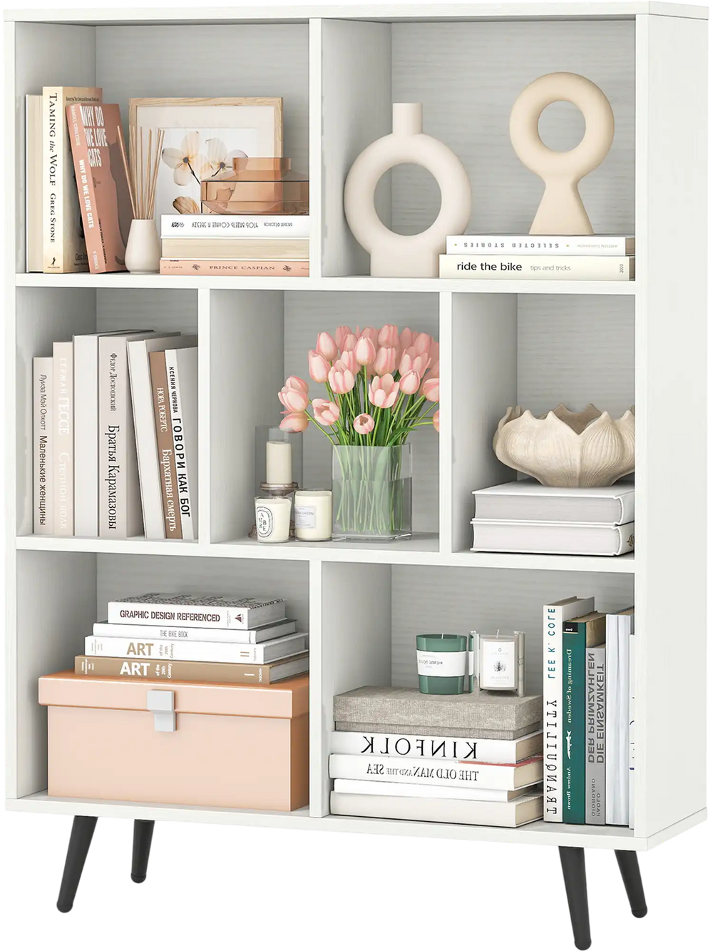7-cube bookcase with tapered metal legs, featuring ample storage for books and decor, ideal for home organization.