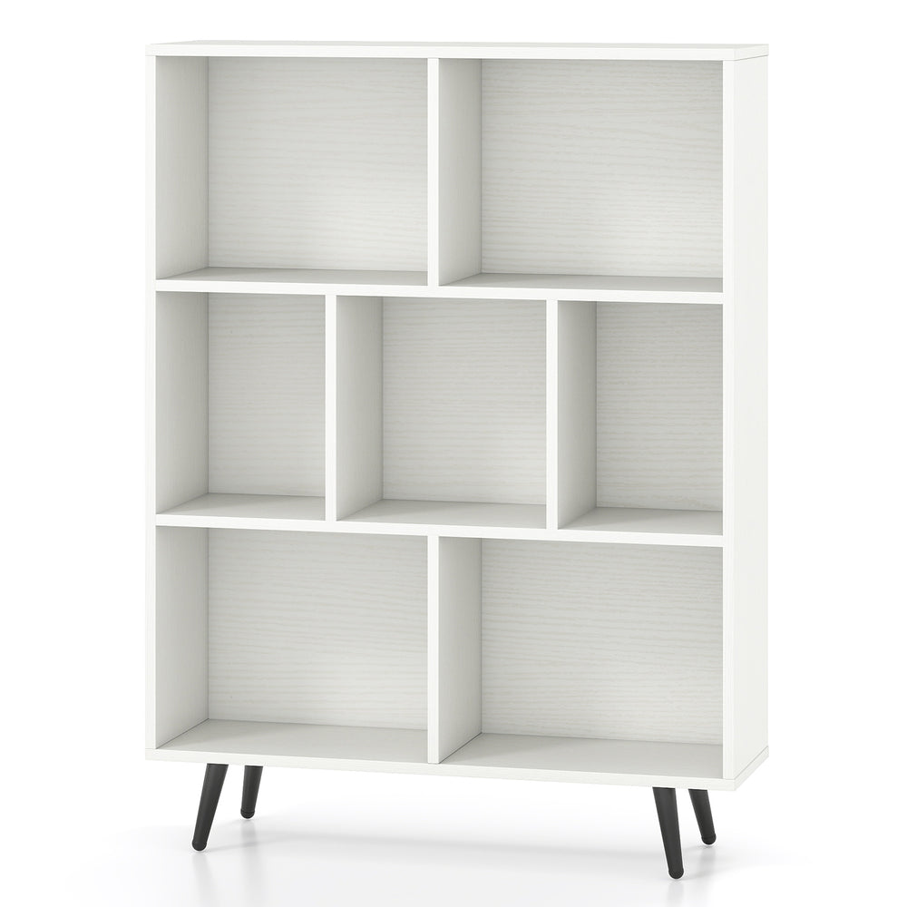 White 7-cube bookcase with tapered metal legs, ideal for storing books and decor, featuring anti-tipping kits for.