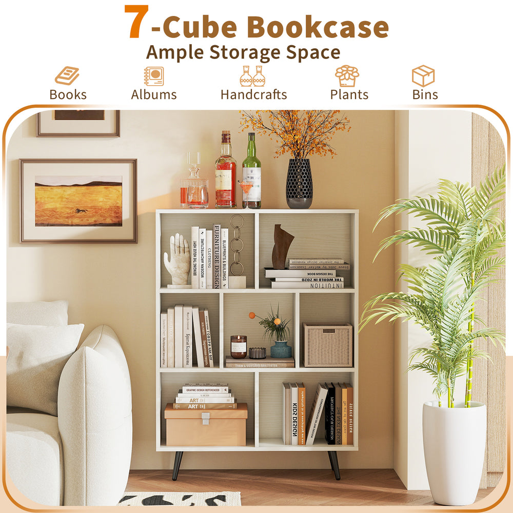 7-cube bookcase with tapered metal legs, featuring ample storage for books and decor, perfect for any living space.