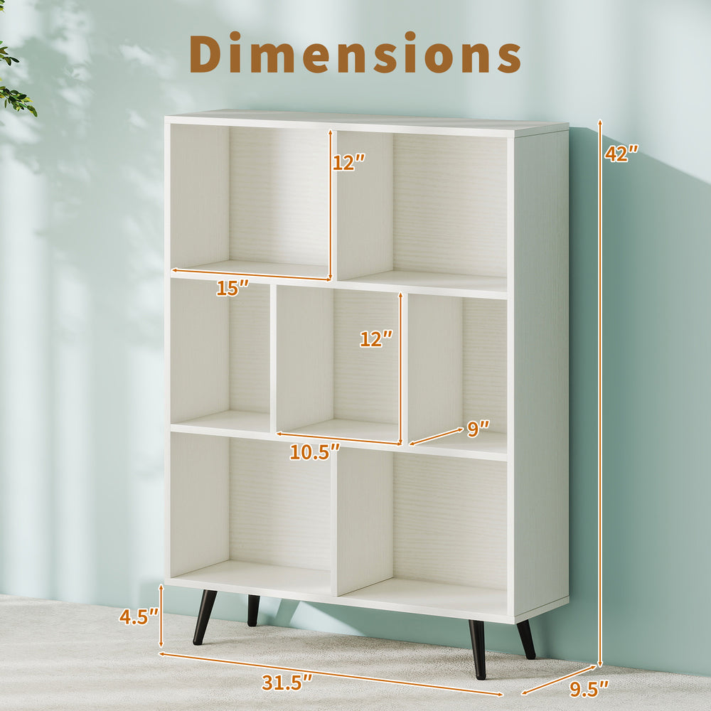 7-cube bookcase with tapered metal legs, dimensions 42" x 31.5" x 9.5", ideal for books and decor storage.