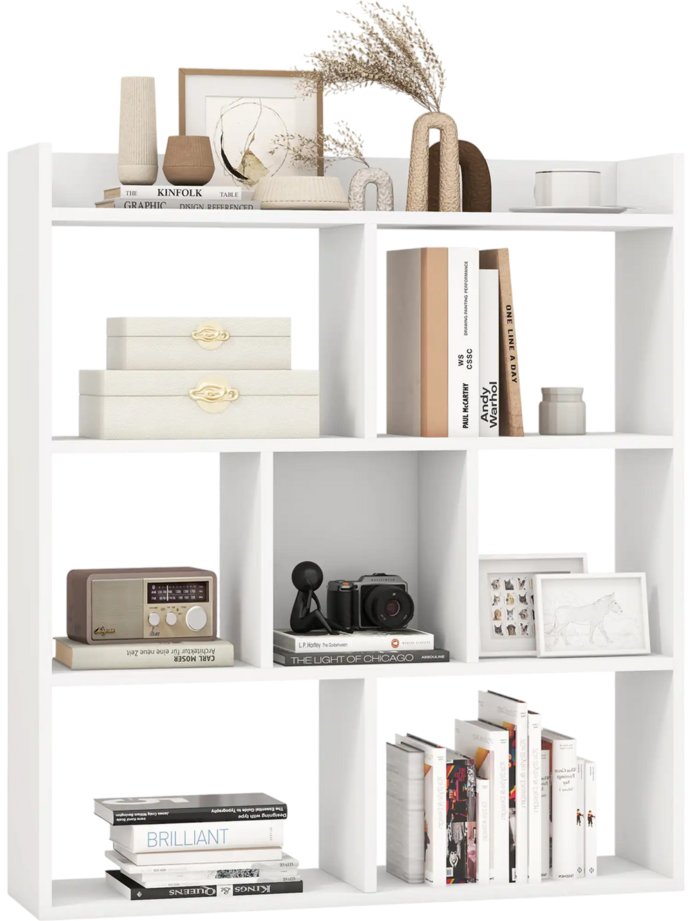 7-cube open-back bookshelf in white, featuring durable storage for books and decor, ideal for living room or office use.