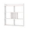 White 7-cube open-back bookshelf with spacious top, durable boards, and anti-toppling devices for safety in any room.