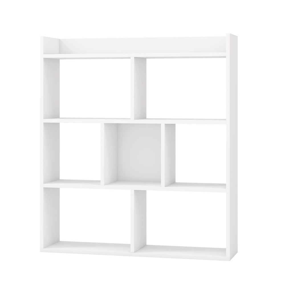 White 7-cube open-back bookshelf with spacious top, durable boards, and anti-toppling devices for safety in any room.